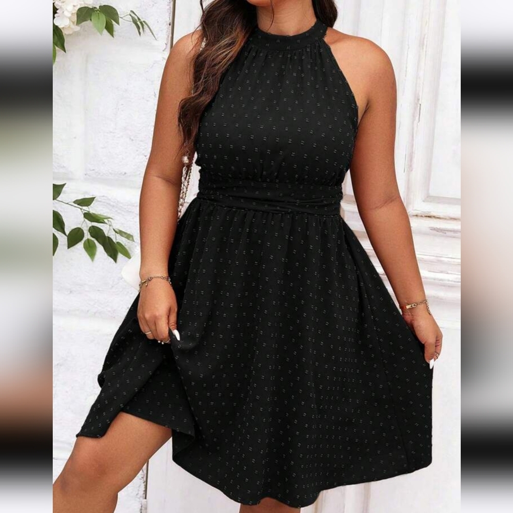 SHEIN Privé Plus Swiss Dot Halter Neck Dress 1XL Black